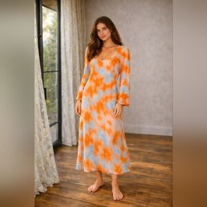 Samsoe Samsoe Alina Dress Large | Orange Blue Watercolor Tie Dye Maxi